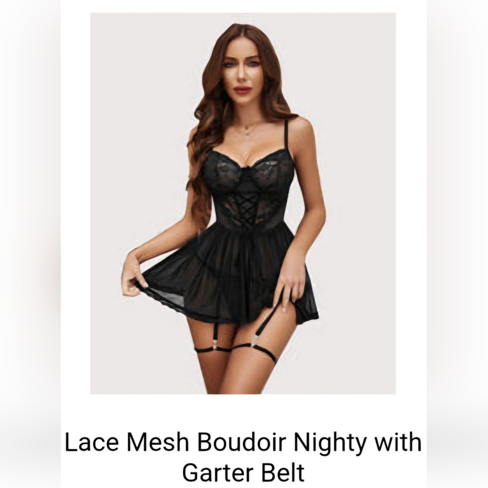Brand new never worn. Lace mesh boudoir nighty with garter belt and thong panty